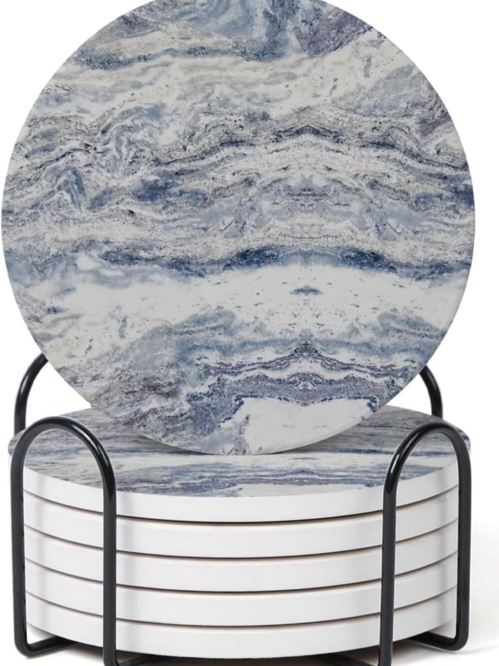 Set of 6 Navy Abstract Onyx Marble Coasters with Holder, Absorbent Ceramic